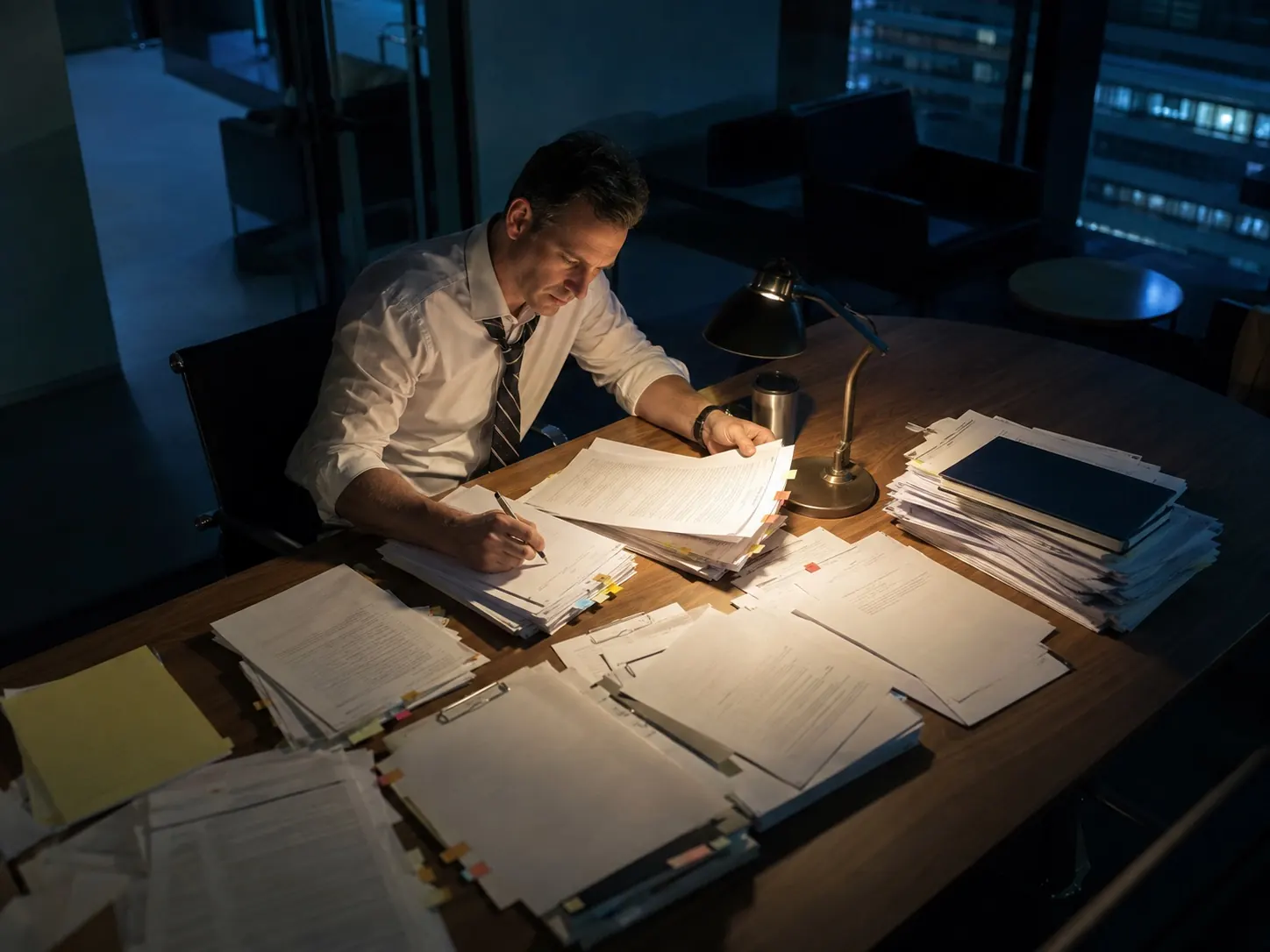 A finance manager working through vendor contracts late in the evening